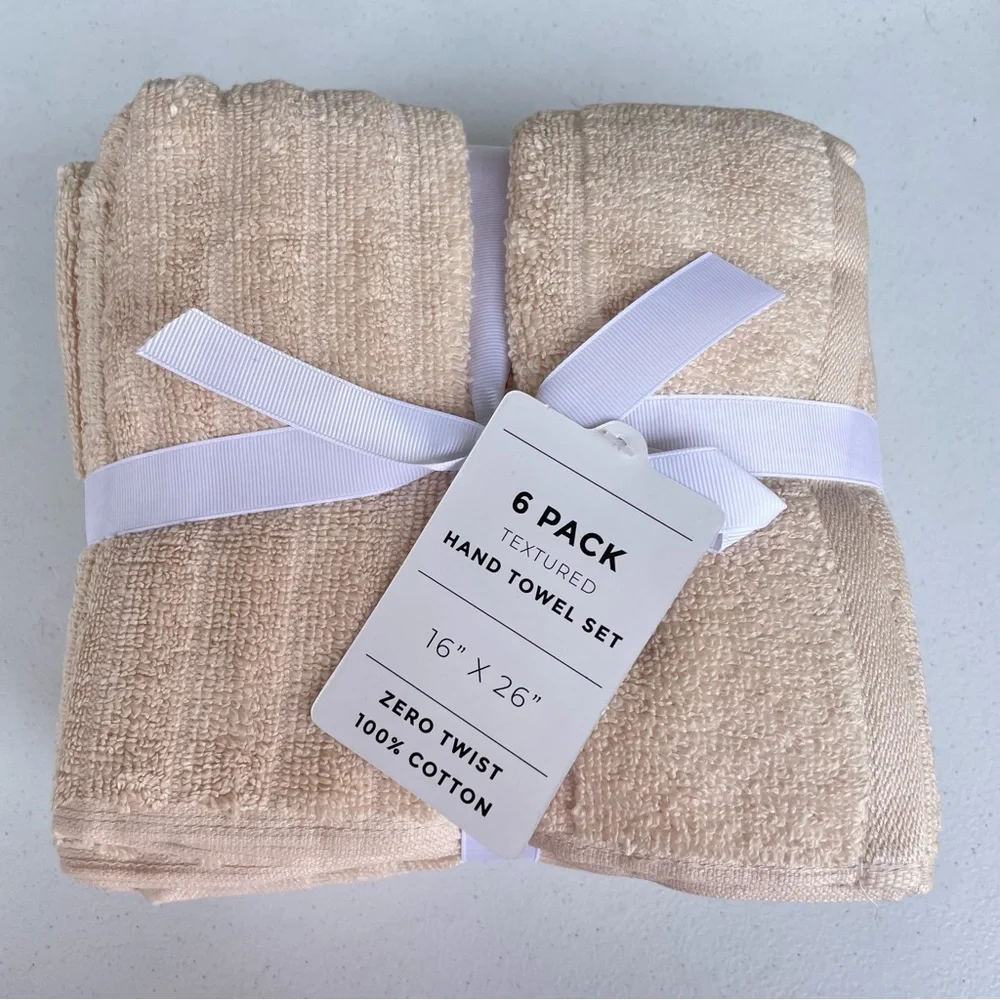 New Great Bay Home 6 Pack Hand Towel Set 100% Cotton Color Dune Beige Bathroom